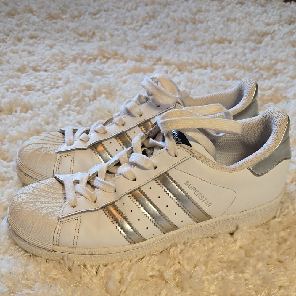 Adidas Superstar White and Silver Sneakers size 6.5